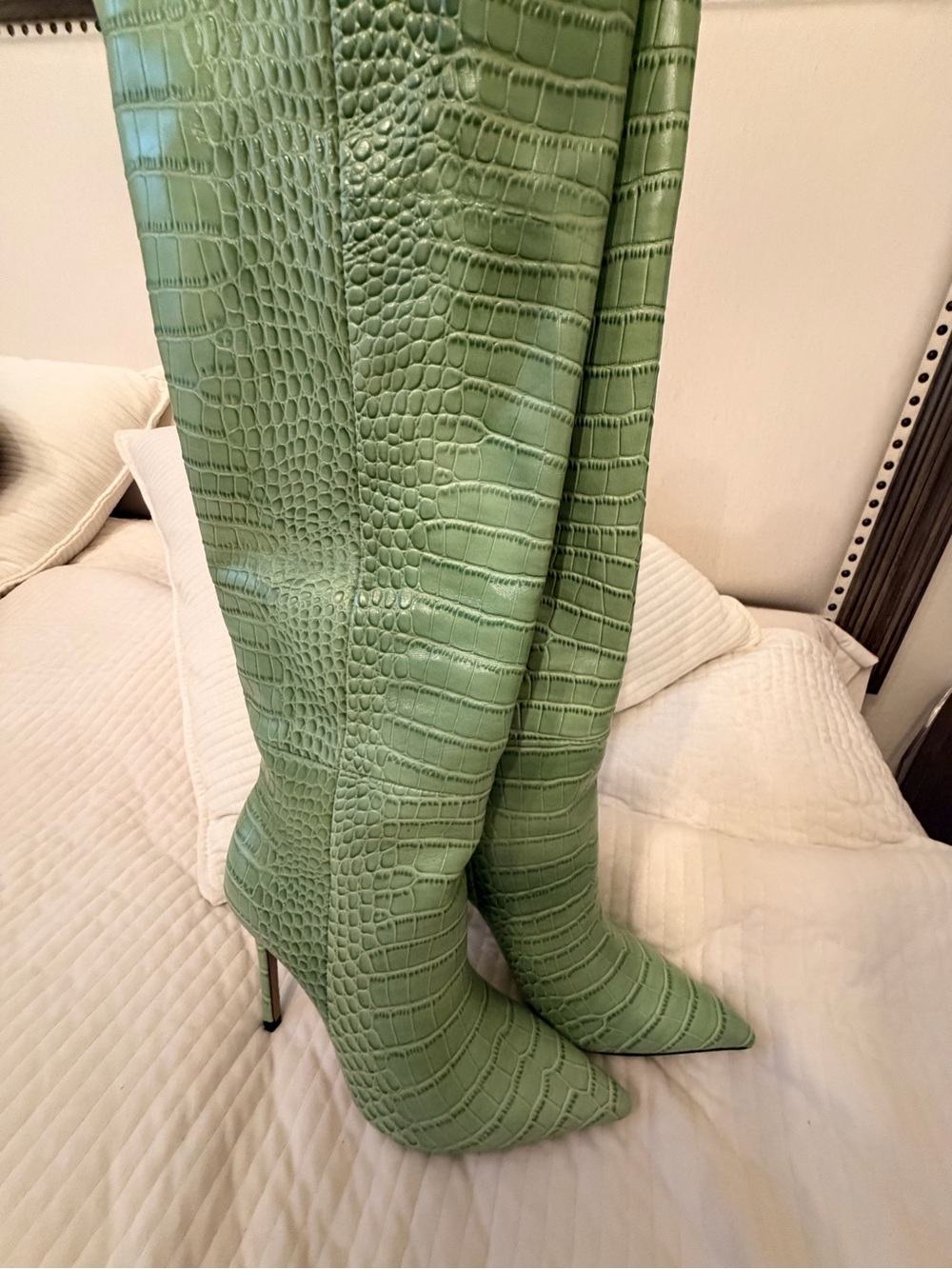 Green Croc-Embossed Knee-High Stiletto Boots
